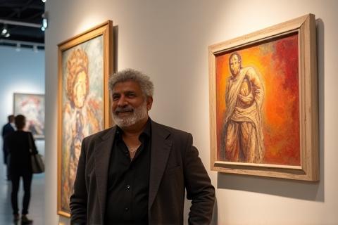 Photo of a visual artist standing by their artwork